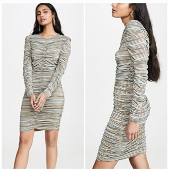 STINE GOYA Striped Ruched Long-Sleeve Mini Dress V-Neck Designer Luxury‎ Sexy XS - Picture 1 of 10